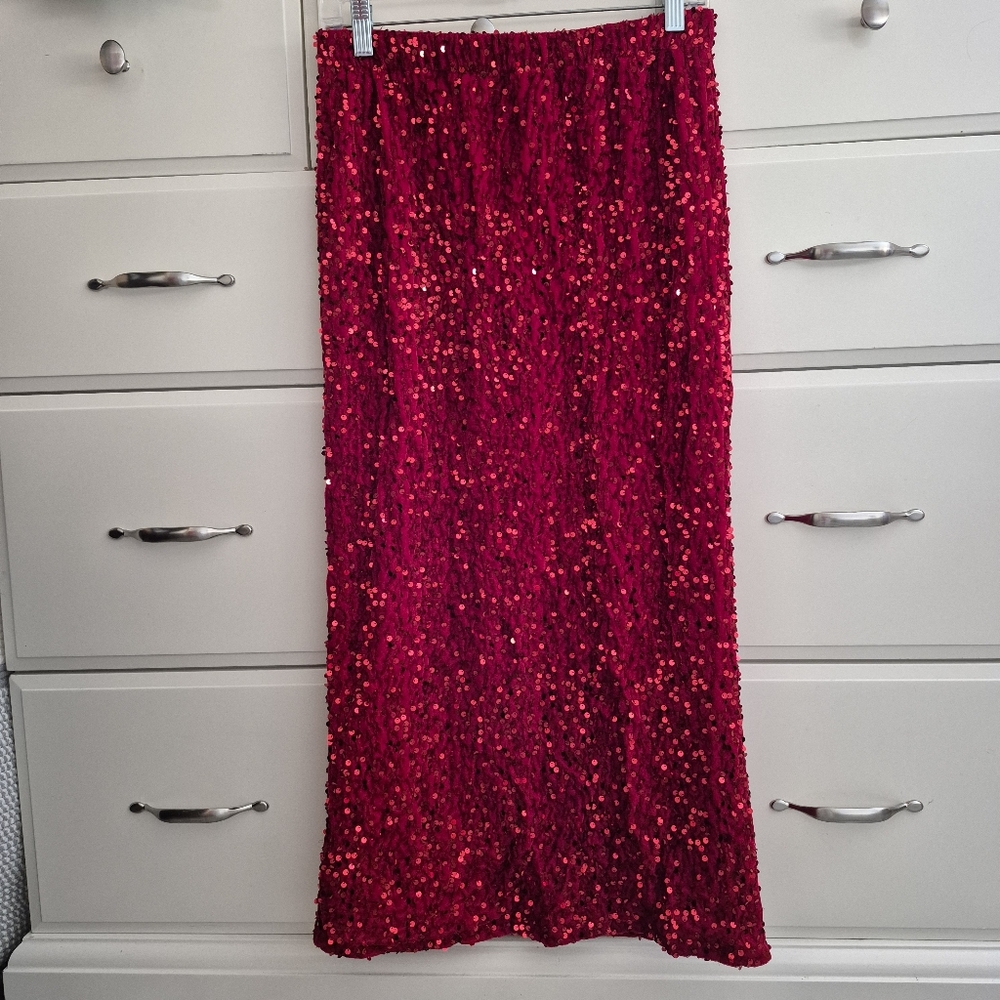 Women Red Sequin Velout Skirt Elastic High Waist Slim Midi Size S-M